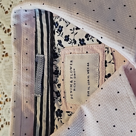 Men's Denim and flower pink button down dress shirt with navy Swiss dots - Picture 2 of 4